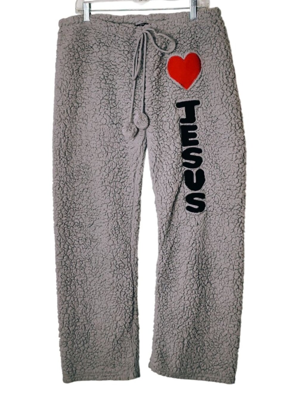 I Love Jesus Lounge Pants XL Sherpa Gray Red Heart Embroidered Pom-Pom Cozy
